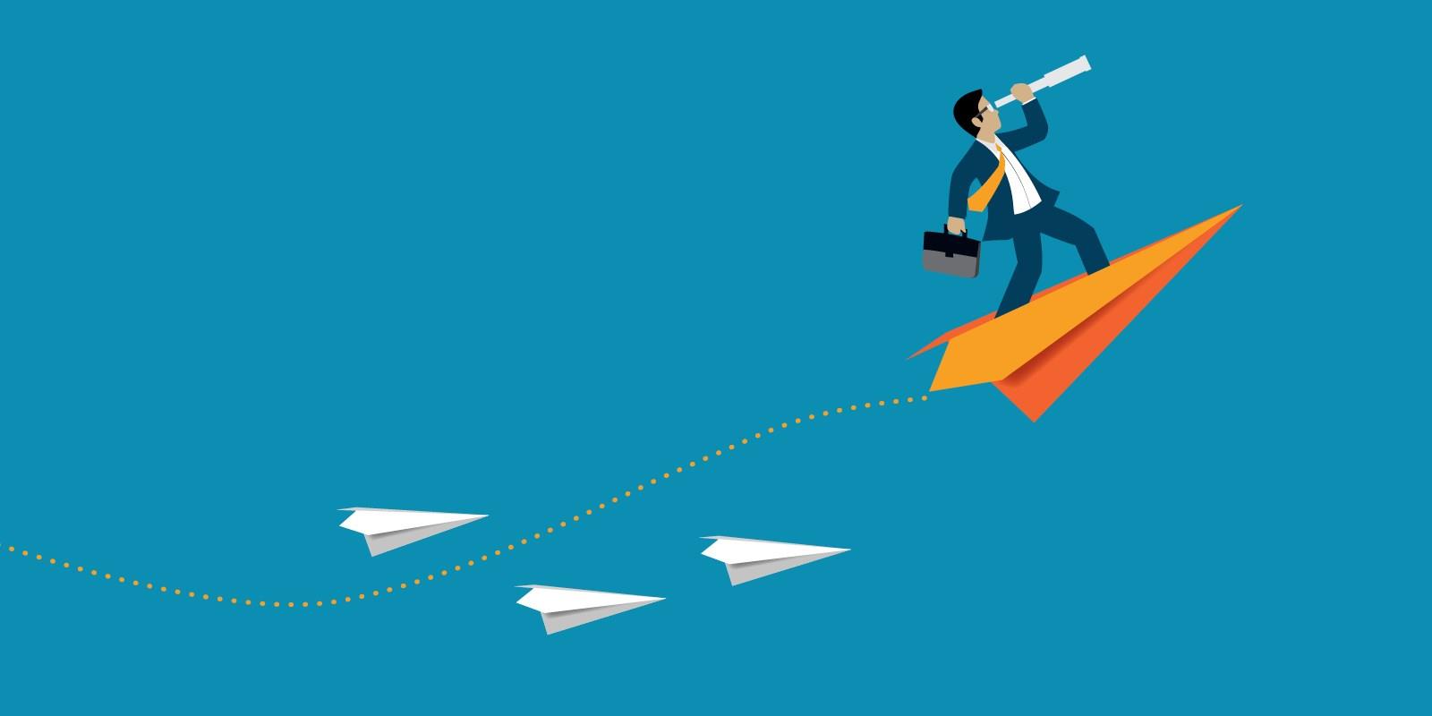 businessman riding a dynamic yellow paper plane while using a telescope